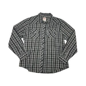 Men’s Western Levi’s Pearl Snap Button Down Plaid Shirt Gray Size XL